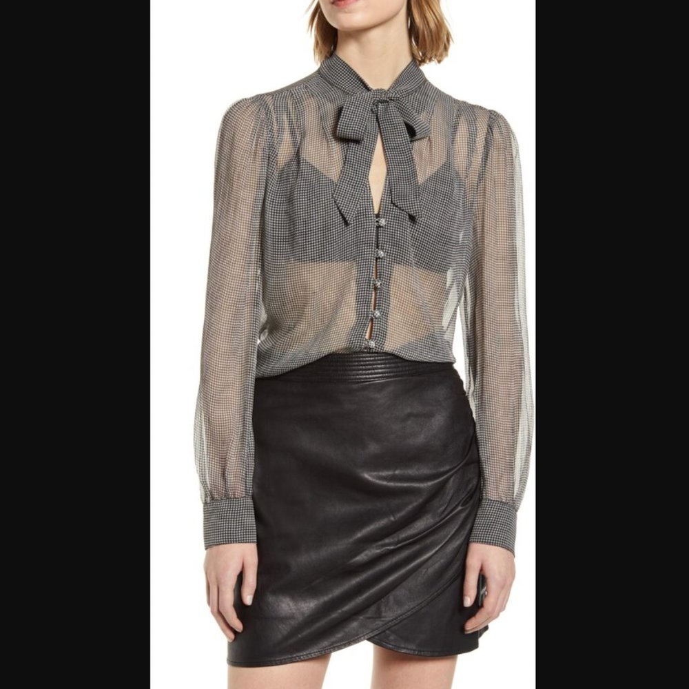 7 For All Mankind Houndstooth Chiffon Tie Neck Silk Blouse - Picture 2 of 11